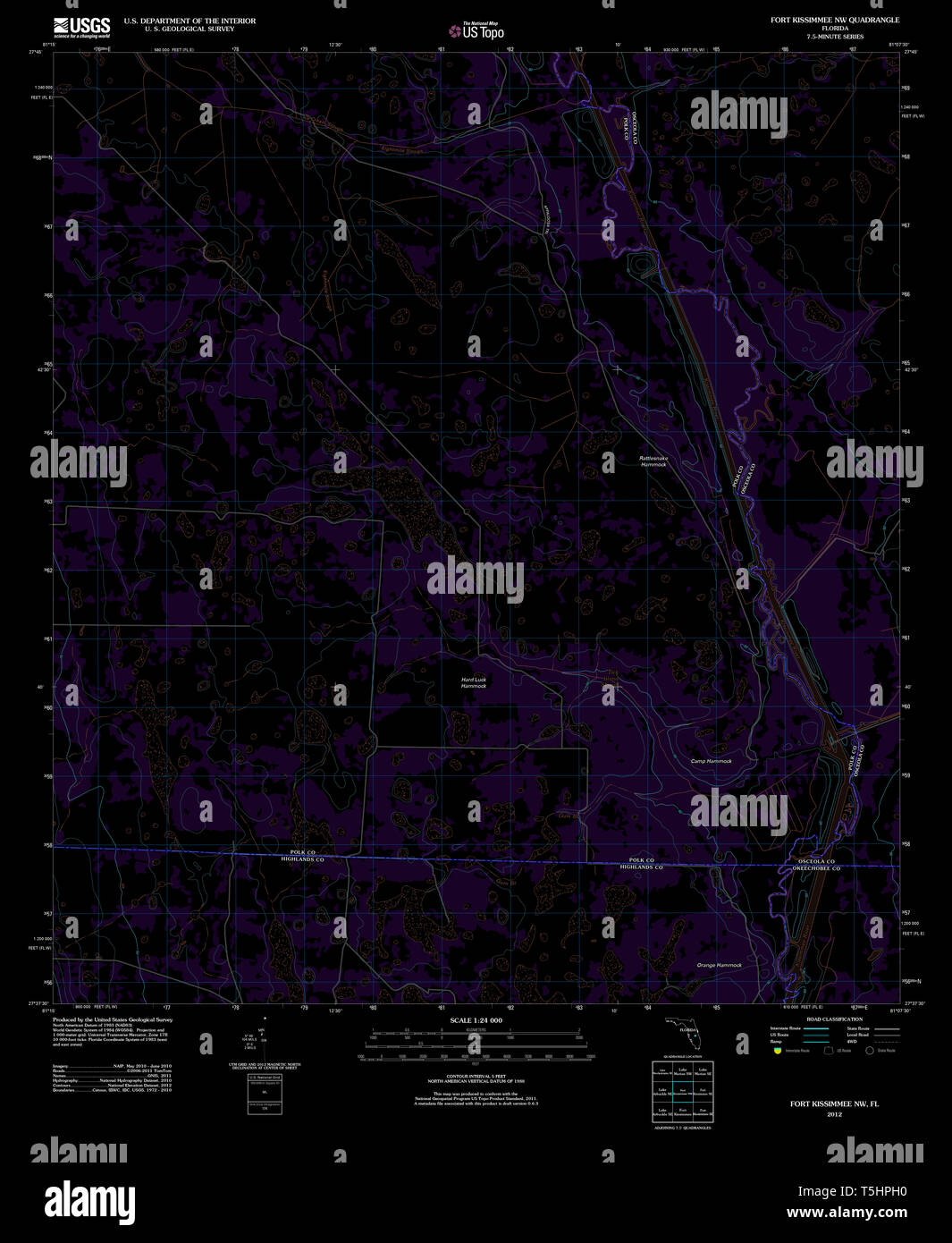 USGS TOPO Map Florida FL Fort Kissimmee NW 20120713 TM Inverted Restoration Stock Photo