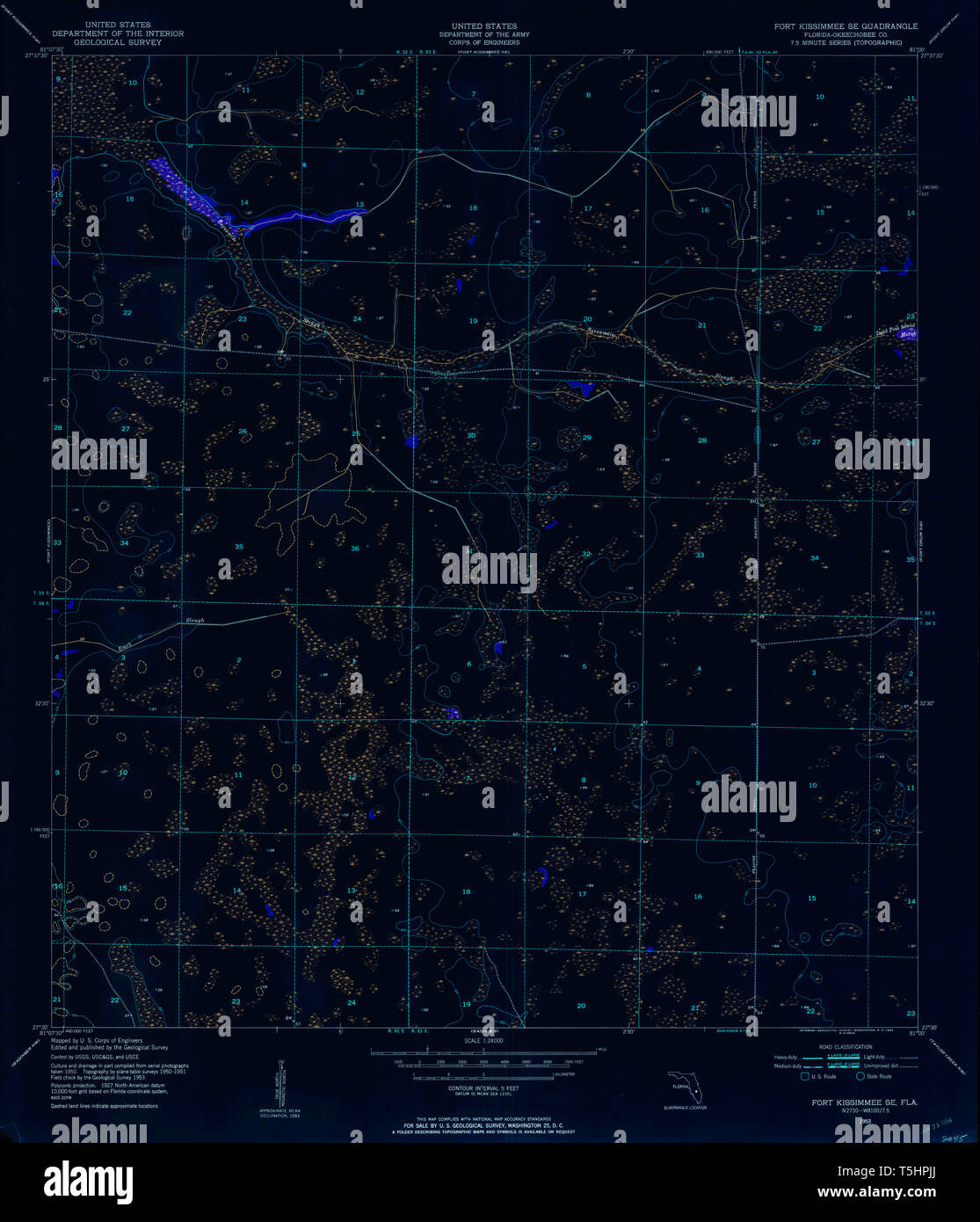 USGS TOPO Map Florida FL Fort Kissimmee SE 346239 1953 24000 Inverted Restoration Stock Photo