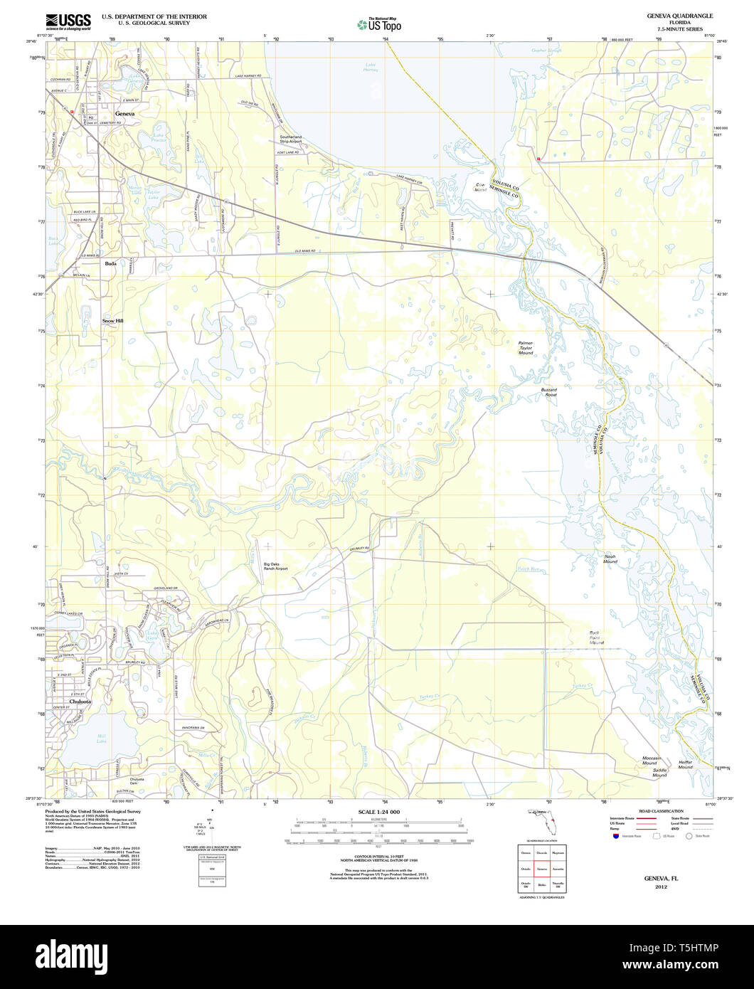 USGS TOPO Map Florida FL Geneva 20120720 TM Restoration Stock Photo