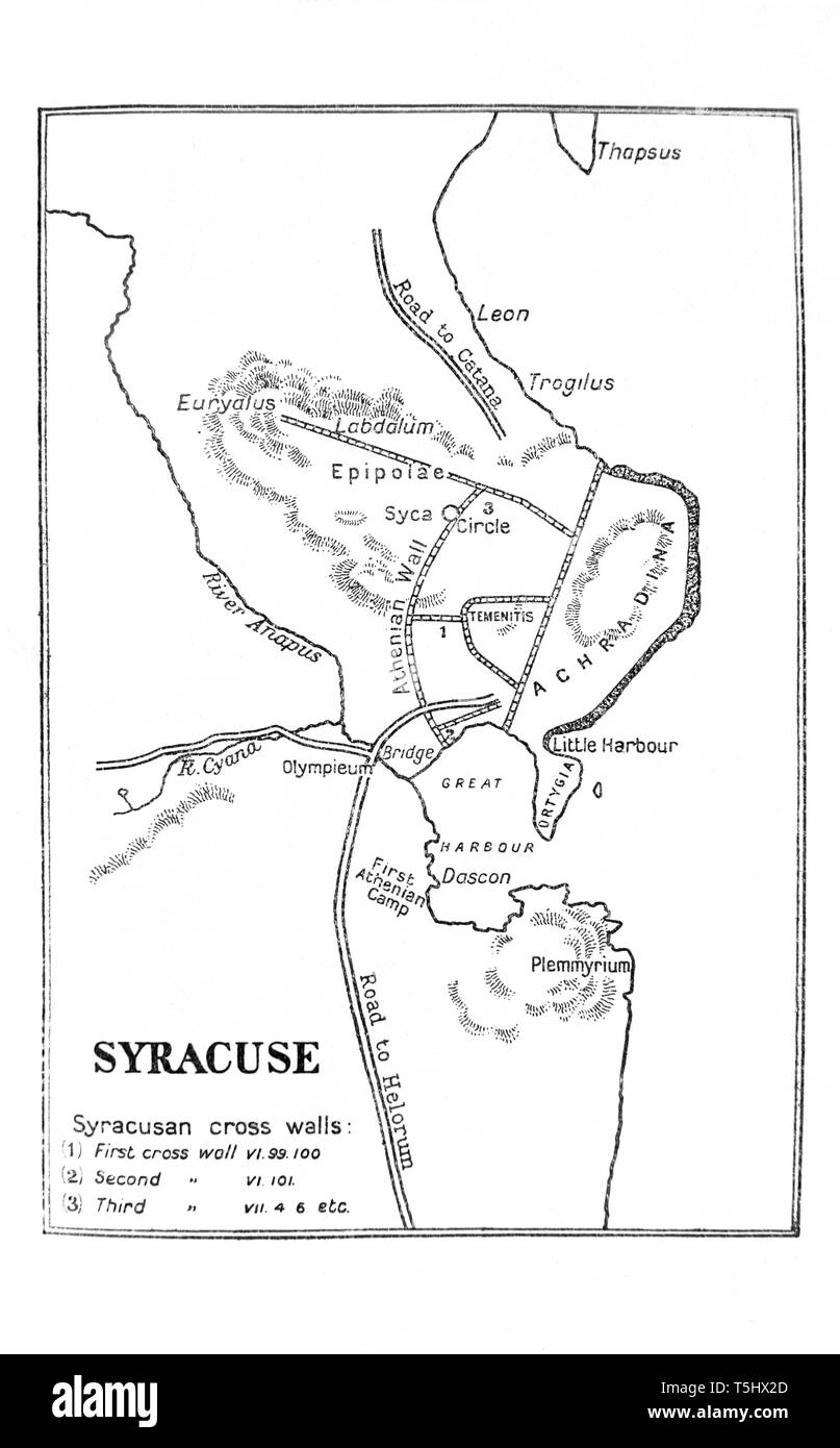 Map of Syracuse c404 BC at the time of the defeat of the Athenians. Stock Photo