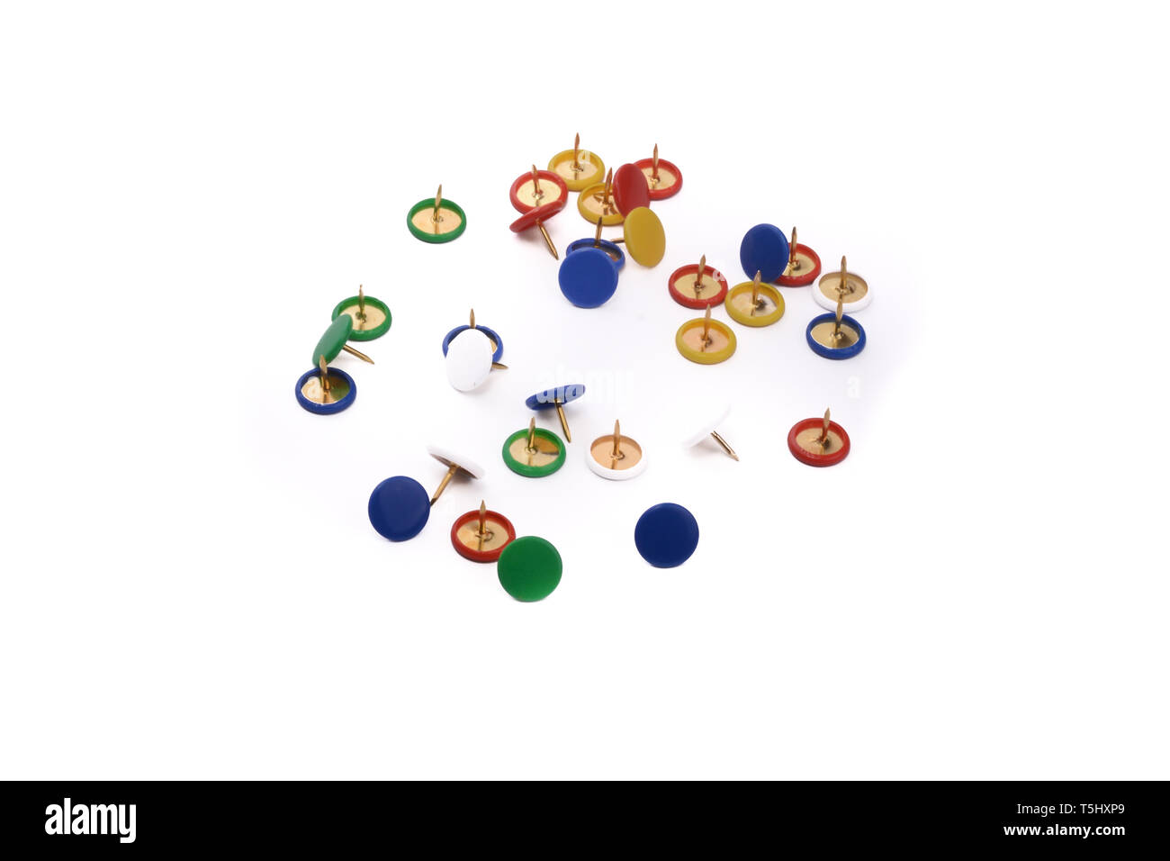 colorful drawingpins scattered on a white background Stock Photo Alamy