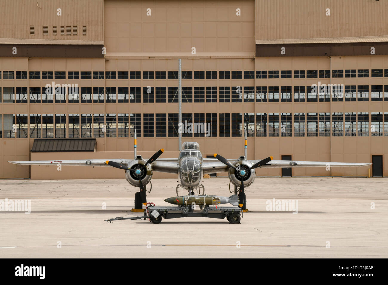 A B-25 Mitchell is displayed by the Pride Hangar at Ellsworth Air Force Base, S.D., April 18, 2019, as part of an event commemorating the 77th anniversary of the Doolittle Raid.  The B-25 took part in a U.S. retaliatory mission against Japan April 19, 1942, following the attack on Pearl Harbor, Honolulu, in 1941. (U.S. Air Force photo by Airman 1st Class Christina M. Bennett) Stock Photo