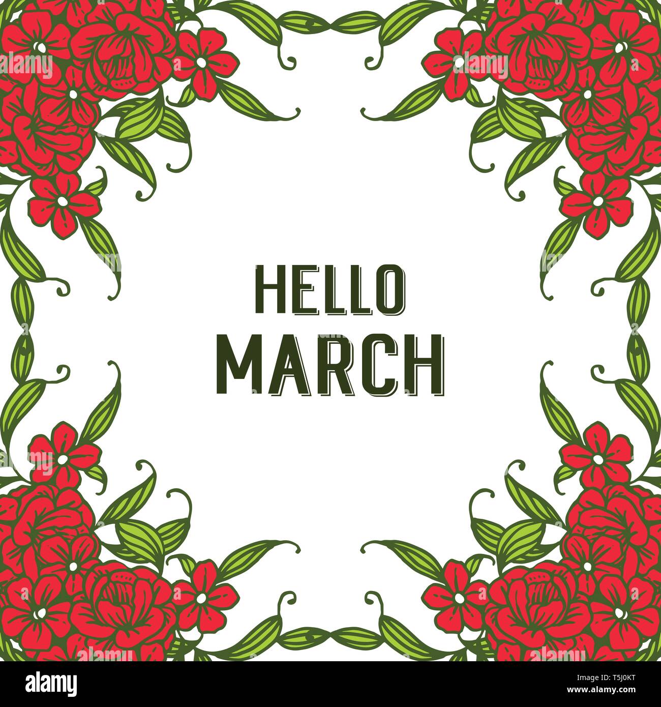 Vector illustration text hello march with beautiful flower frames hand ...