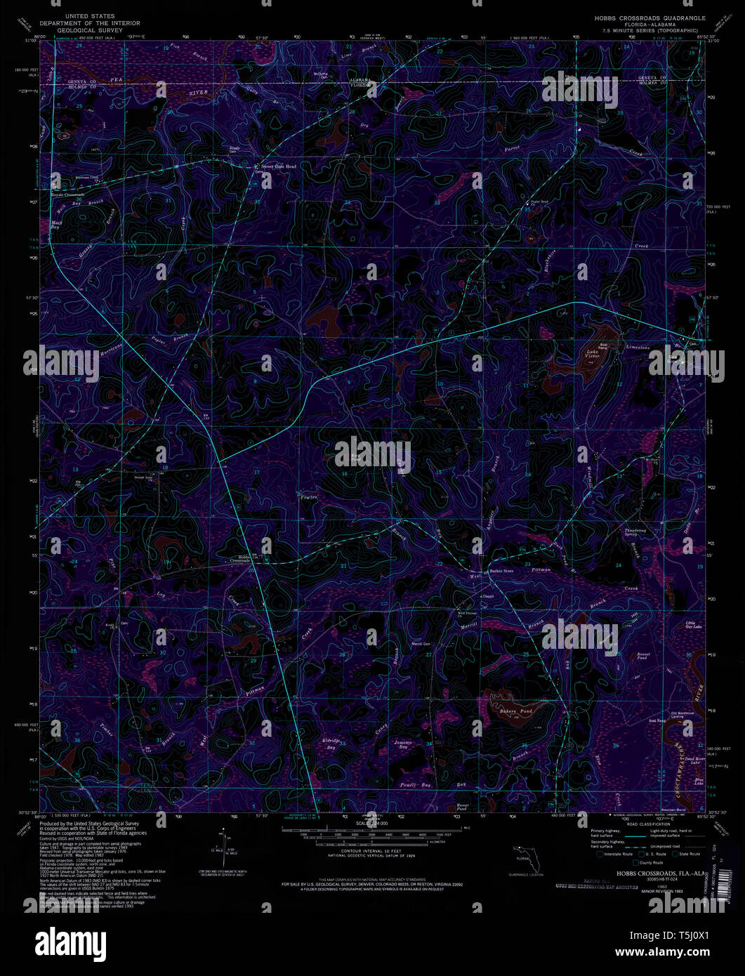 USGS TOPO Map Florida FL Hobbs Crossroads 346636 1982 24000 Inverted Restoration Stock Photo