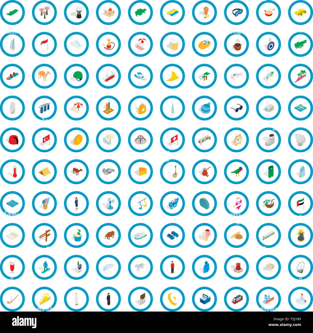 100 vacation icons set, isometric 3d style Stock Vector