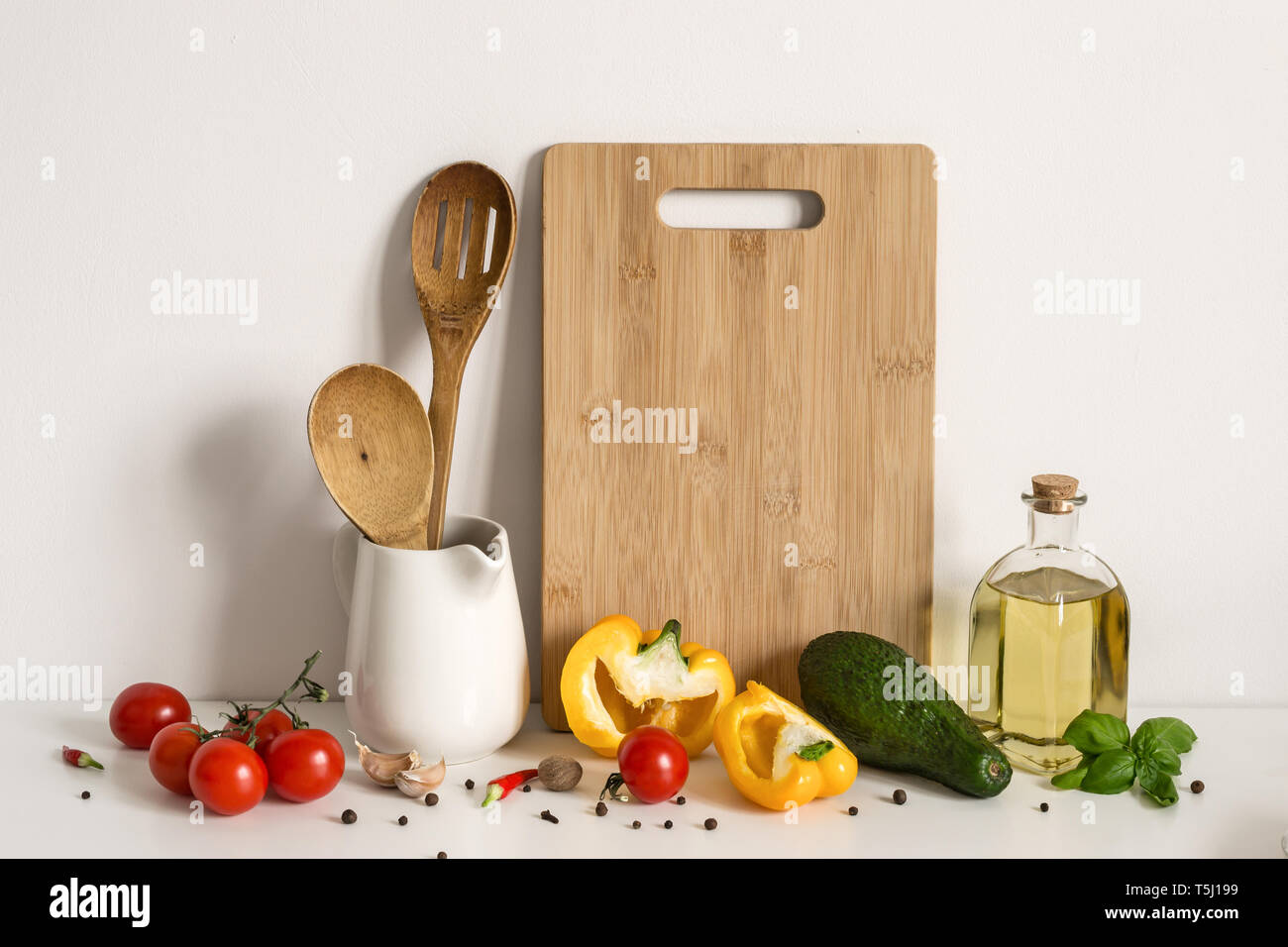 Download Kitchenware Vegetables And Spices On Table Wall Background Recipe Template Mockup Stock Photo Alamy