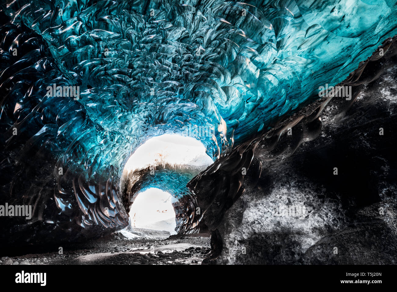 Fascinating structure and colour in an ice cave inside Vatnajökull glacier. Stock Photo