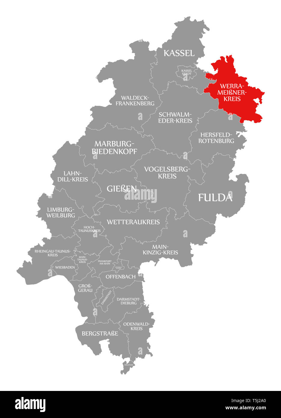 Werra-Meissner-Kreis county red highlighted in map of Hessen Germany Stock Photo