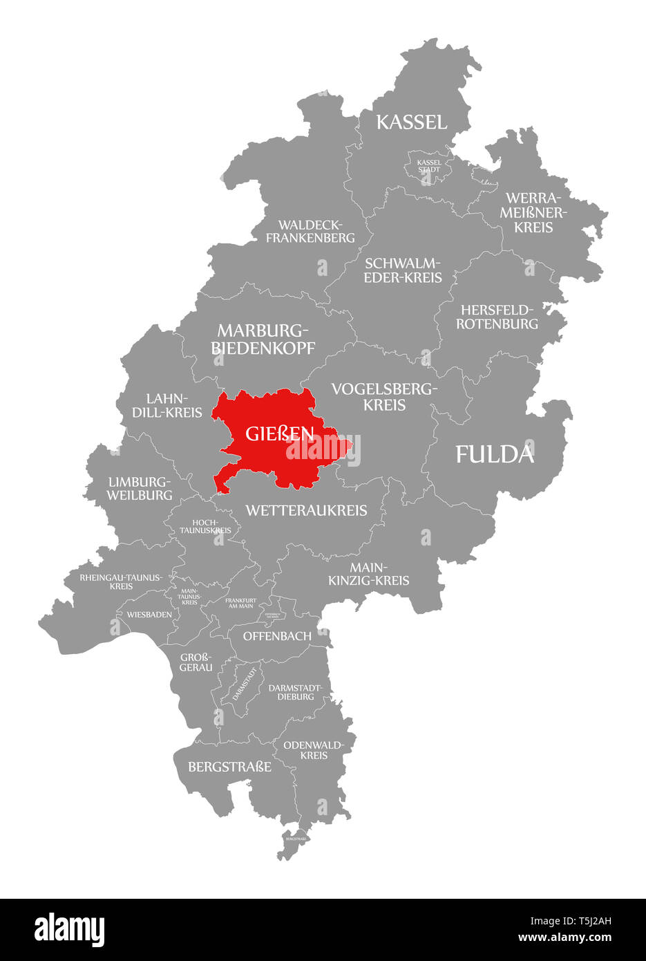 Giessen county red highlighted in map of Hessen Germany Stock Photo
