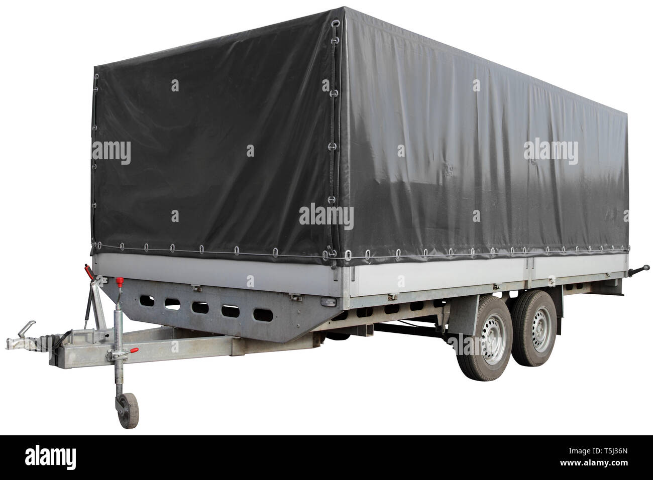 Modern car trailer with canvas awning isolated on white background
