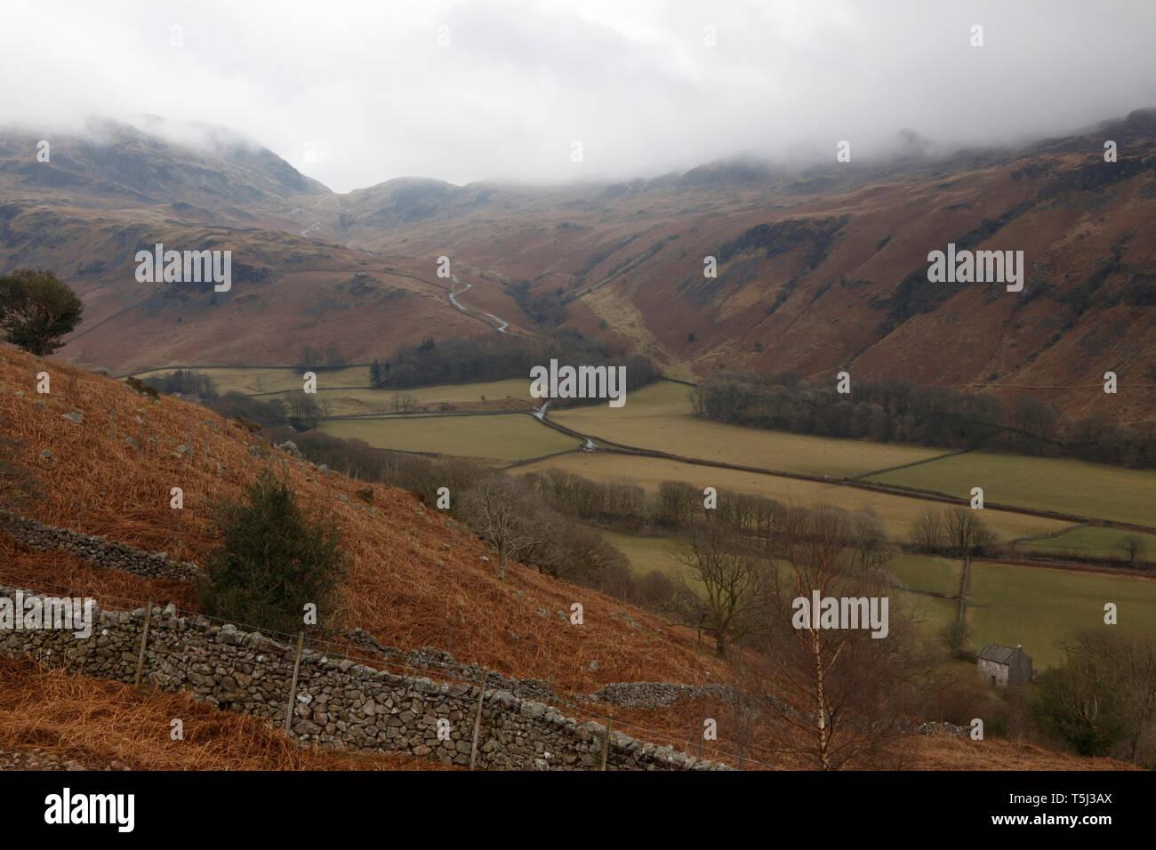View up Hardknott Pass from Eskdale, Lake District, Cumbria, England, UK Stock Photo