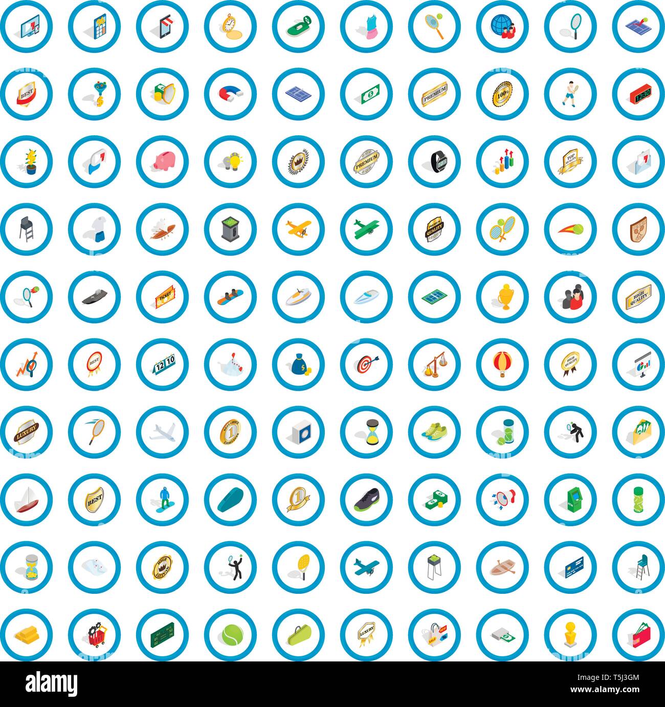 100 victory icons set, isometric 3d style Stock Vector