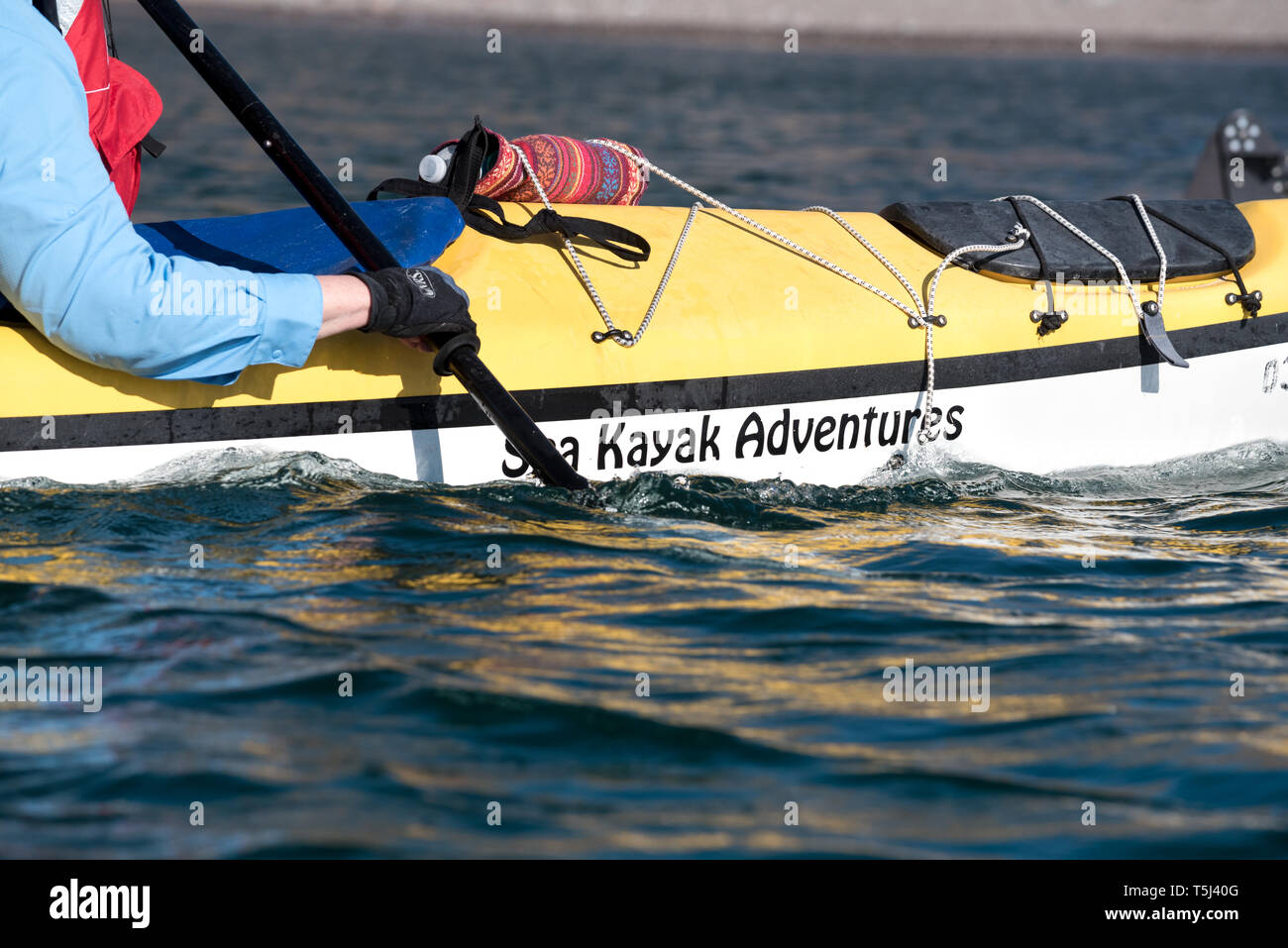 Sea kayak & reflection, Bay of Loreto National Park, Baja California Sur, Mexico. Stock Photo