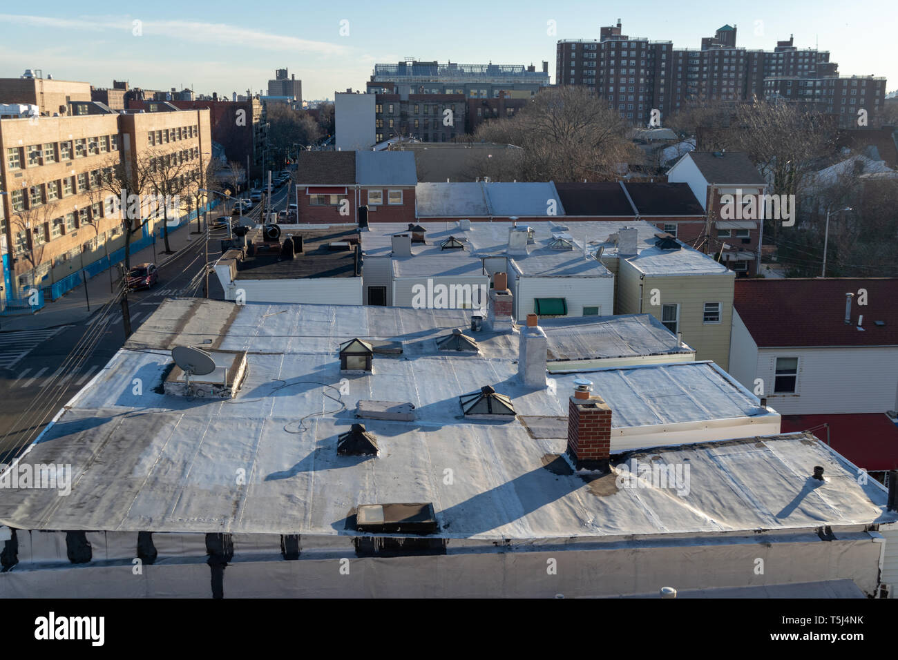 New York City rooftop on a bright and sunny day, wideangle, Bronx, NY