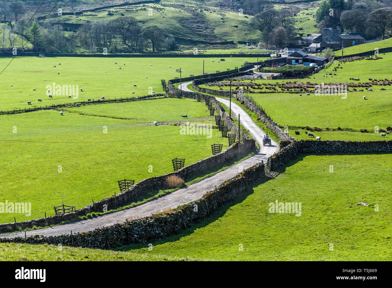 The farm and Pele Tower in Kentmere in the Lake District National Park Cumbria Stock Photo