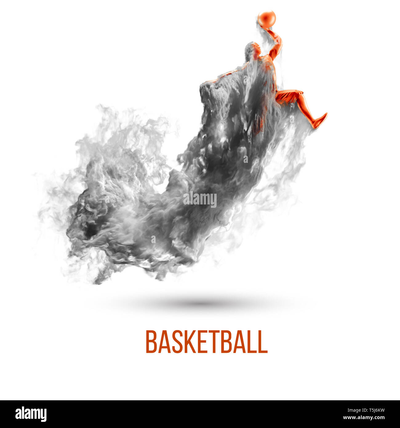Abstract silhouette of a basketball player on white background, isolated from dust, smoke, steam. Basketball player jumping and performs slam dunk. Stock Photo