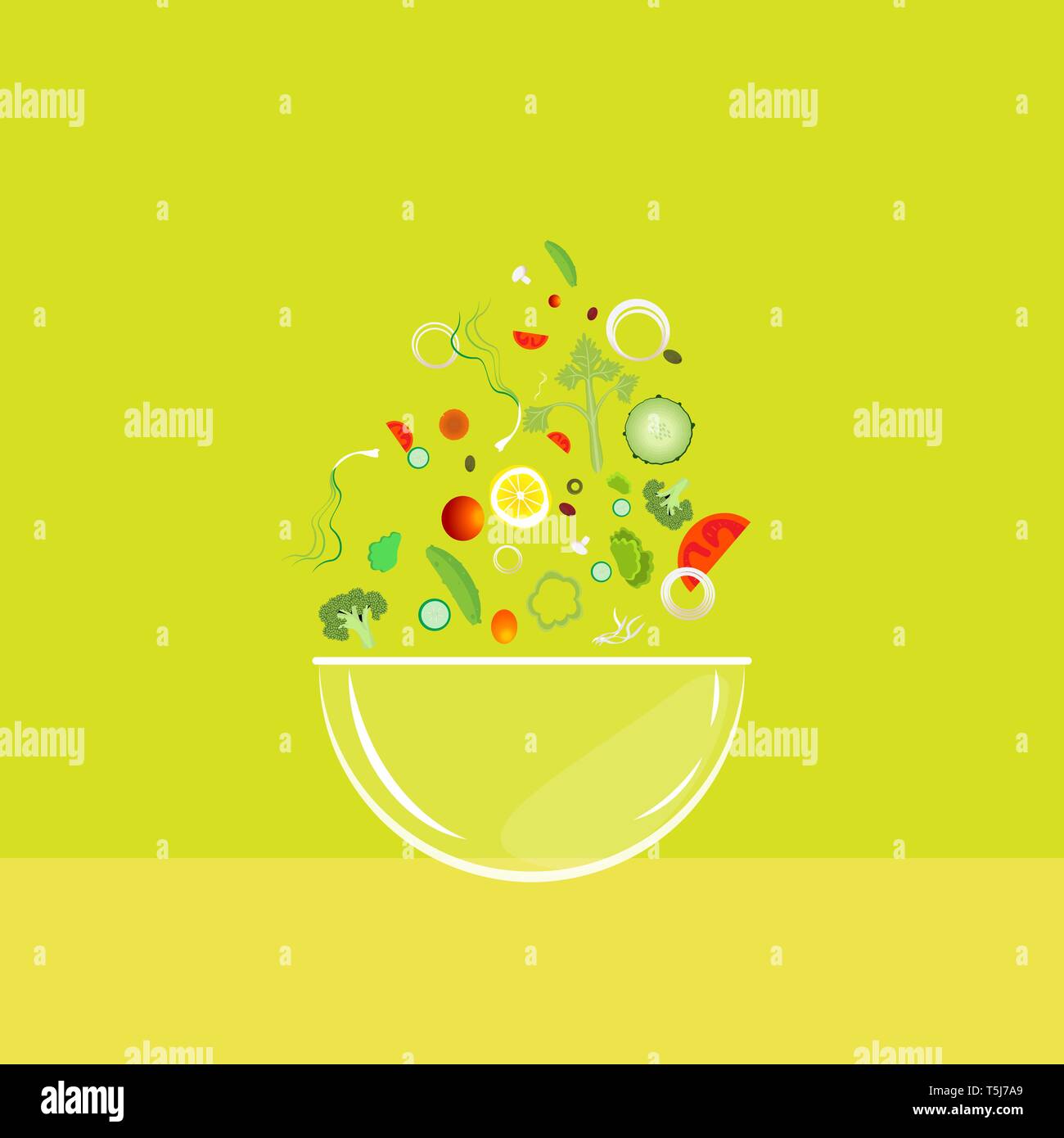 Bowl of salad with falling vegetables, cartoon vector  illustration for web and print Stock Vector