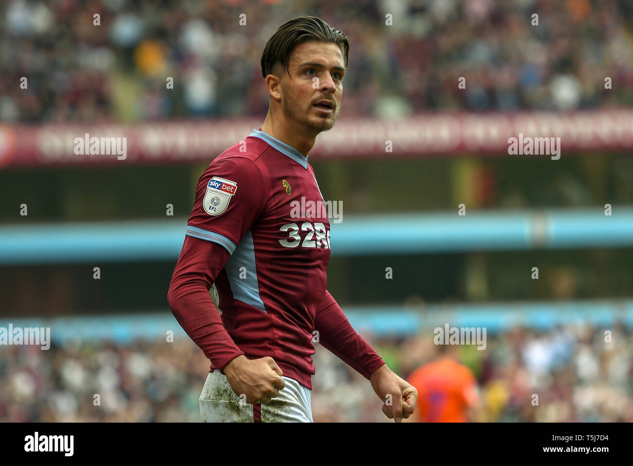 22nd April 2019 , Villa Park, Birmingham, England ; Sky Bet Championship, Aston Villa vs Millwall : Jack Grealish (10) of Aston Villa celebrates a hard fought victory  Credit: Gareth Dalley/News Images  English Football League images are subject to DataCo Licence Stock Photo