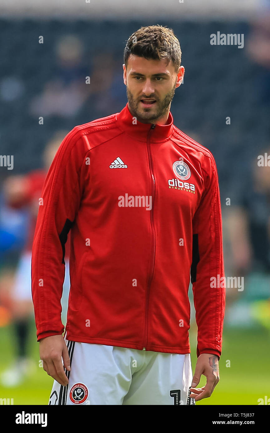 22nd April 2019 , KCOM Stadium, Hull , England; Sky Bet Championship, Hull City vs Sheffield United ;   Gary Madine (14) of Sheffield United in warm up  Credit:   Craig Milner/News Images  English Football League images are subject to DataCo Licence Stock Photo