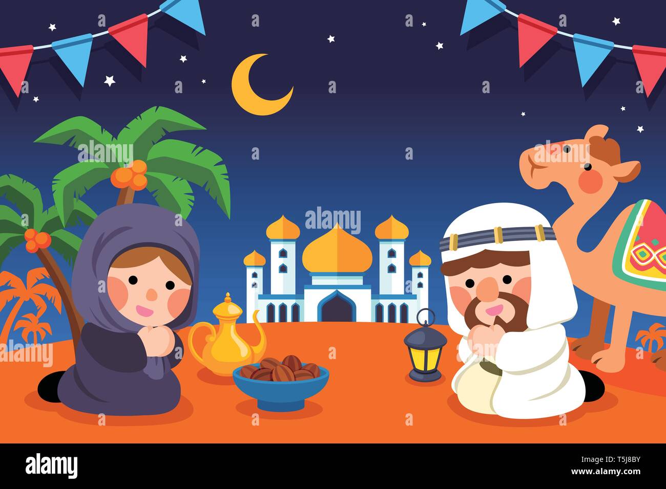 Cute muslims praying together in flat design Stock Vector