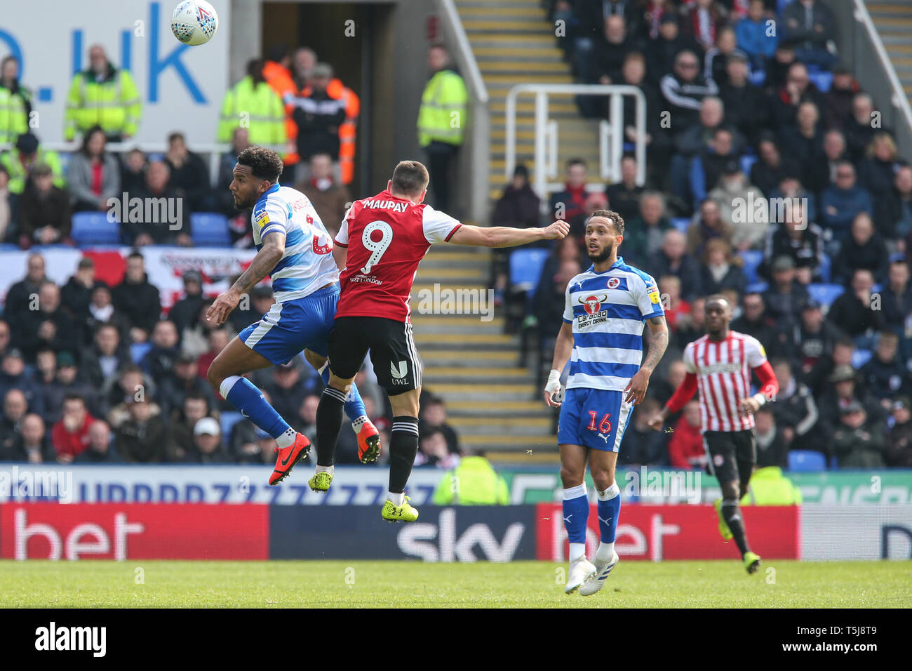 13th April 2019, Madejski Stadium, London, England; Sky Bet Championship, Reading vs Brentford ; Liam Moore (06) of Reading jumps up to win the high ball   Credit: Matt O'Connor/News Images,  English Football League images are subject to DataCo Licence Stock Photo