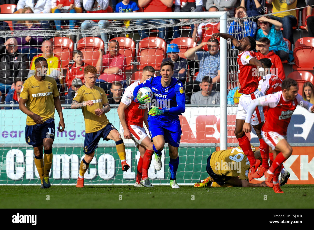 6th April 2019, New York Stadium, Rotherham, England; Sky Bet Championship Rotherham United vs Nottingham Forest ; Costel Pantilimon (01) of Nottingham Forest  saves and performs a quick counter attack   Credit: John Hobson/News Images  English Football League images are subject to DataCo Licence Stock Photo