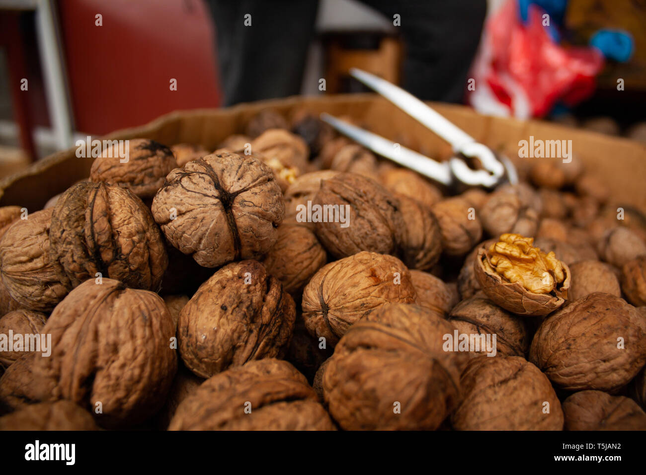 A closeup look at walnuts, which are on sale at the local farmers market or 'bazaar' in Ukraine Stock Photo