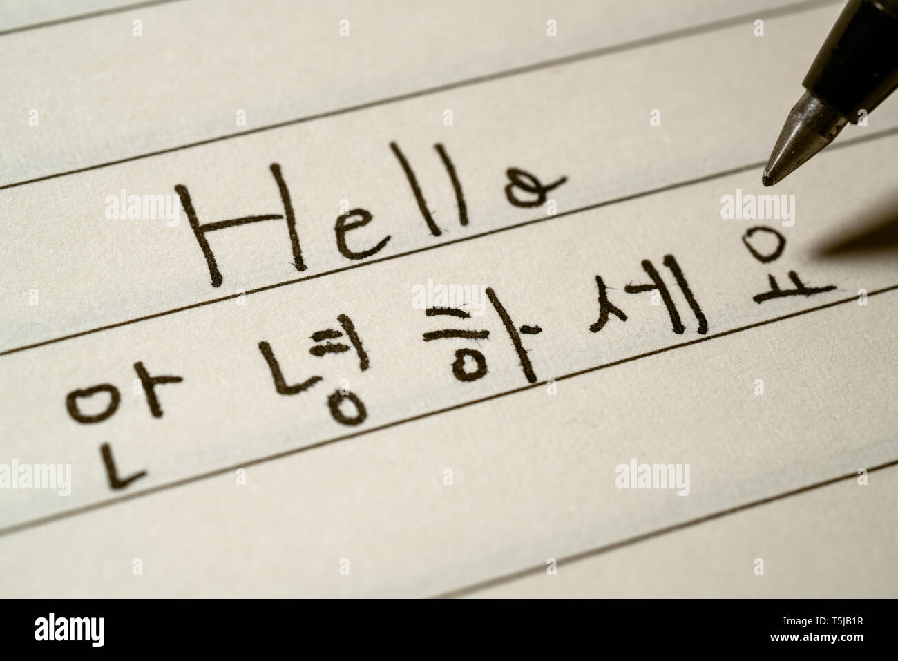 Beginner Korean language learner writing Hello word in Korean characters on a notebook macro shot Stock Photo