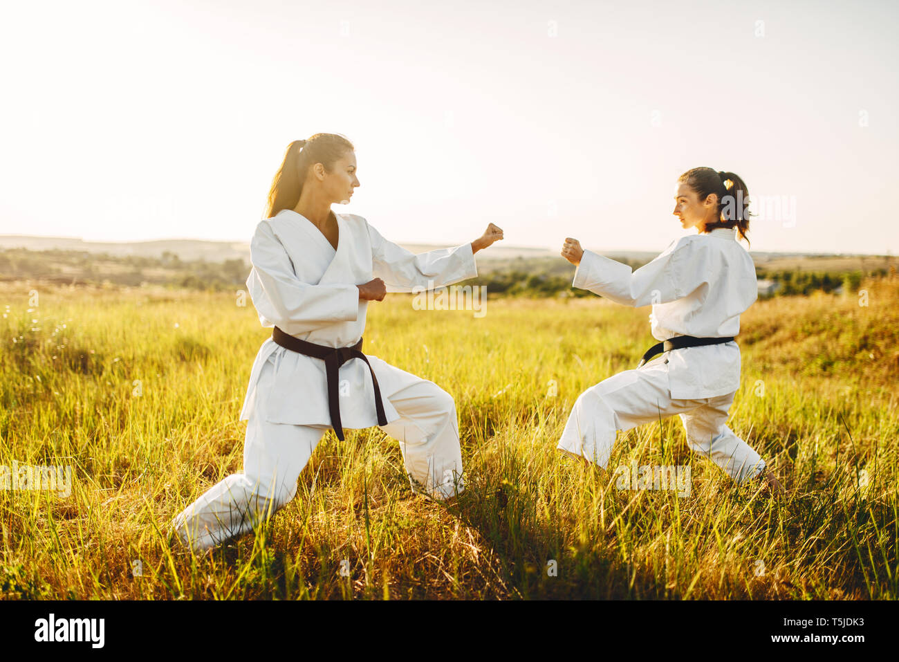 Two female karate in kimono training combat skill in summer field