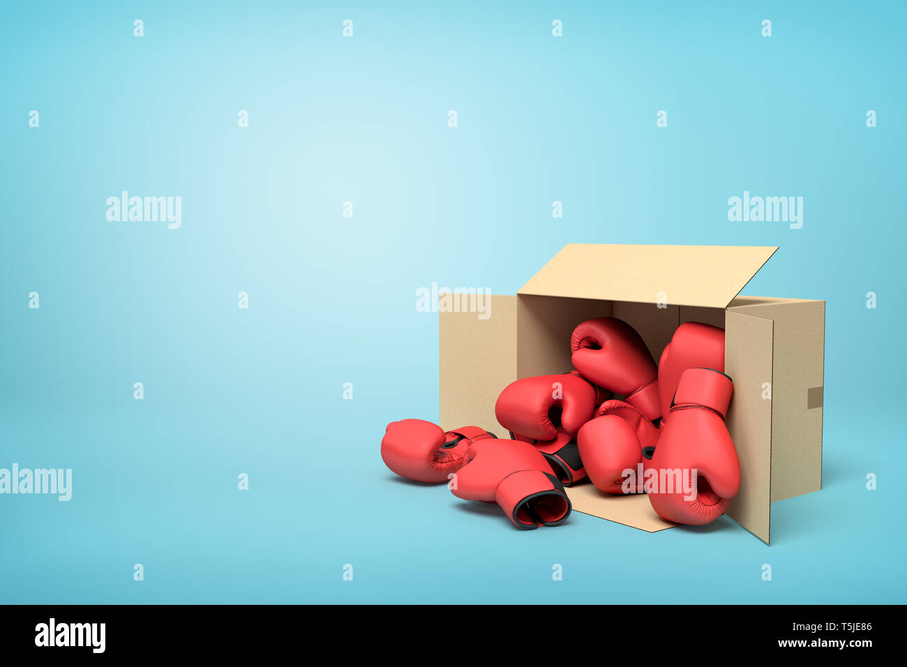3d rendering of cardboard box lying sidelong full of red boxing gloves on light-blue background with much copy space. Stock Photo