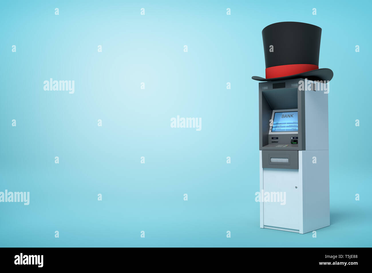 3d rendering of ATM with big black top hat with red ribbon on top on light-blue background. Stock Photo