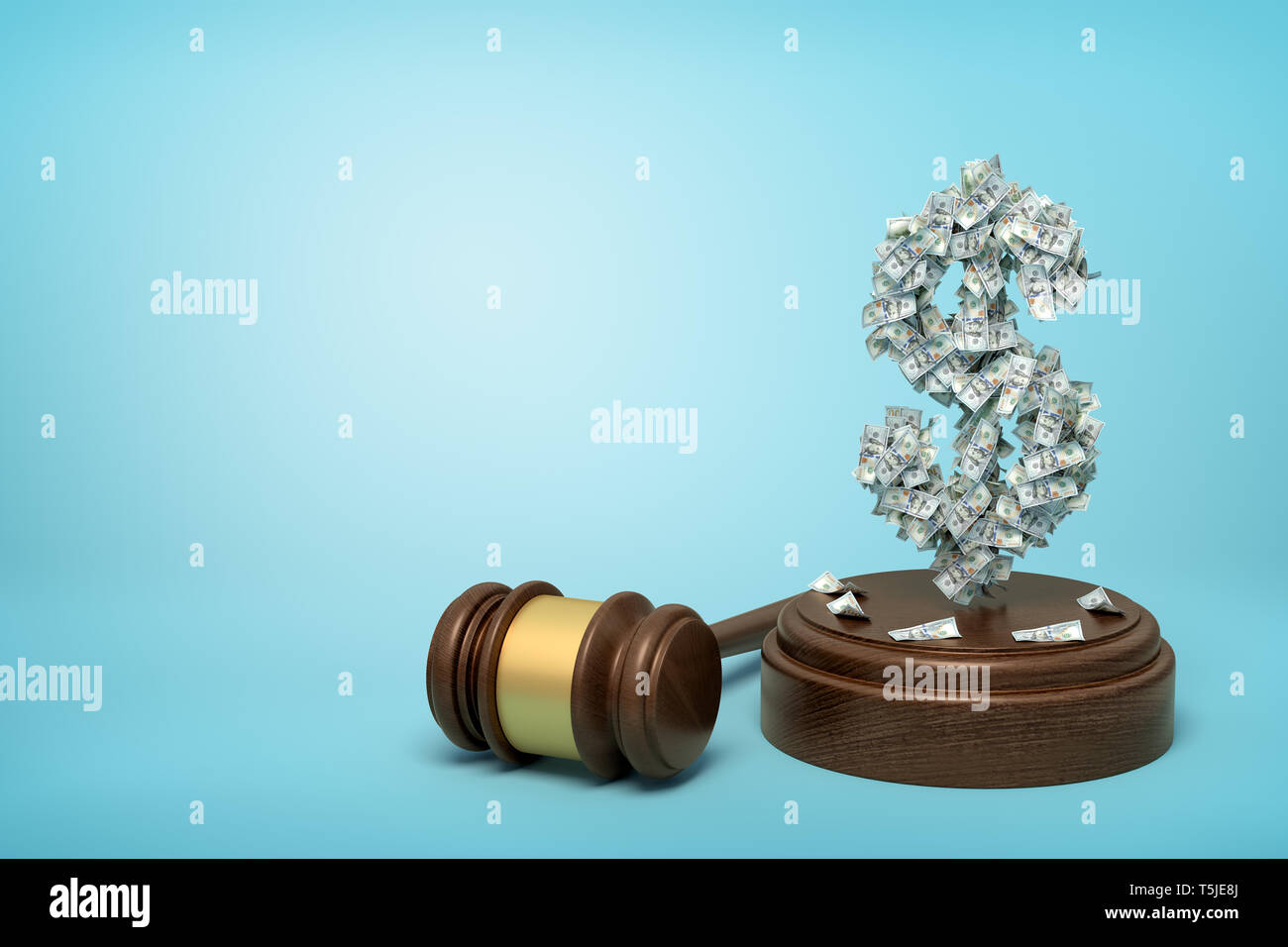 3d rendering of dollar sign formed with dollar banknotes standing on sounding block with gavel beside on blue background with copy space. Stock Photo