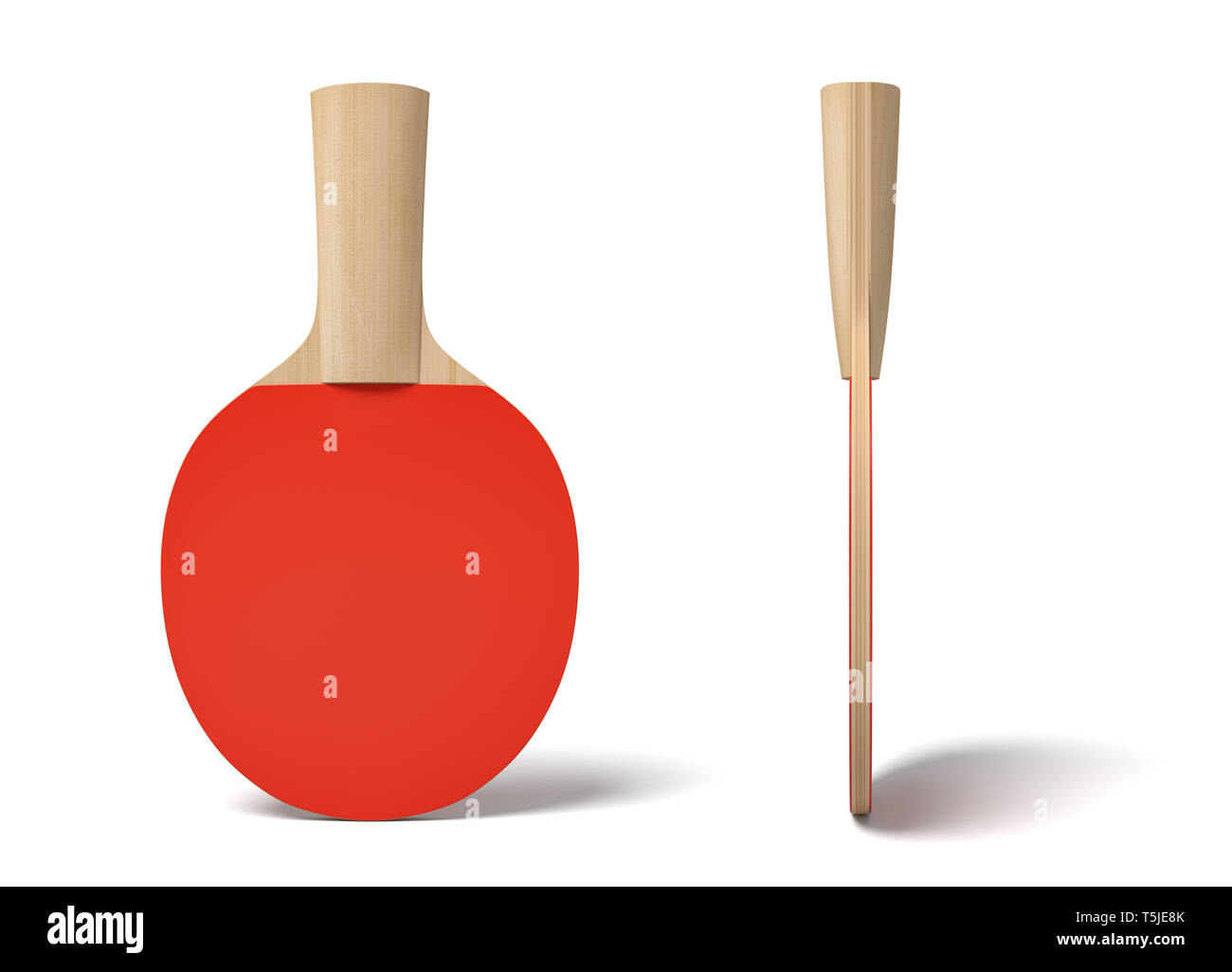 3d close-up rendering of ping pong racket with wooden handle and red rubber on white background. Stock Photo