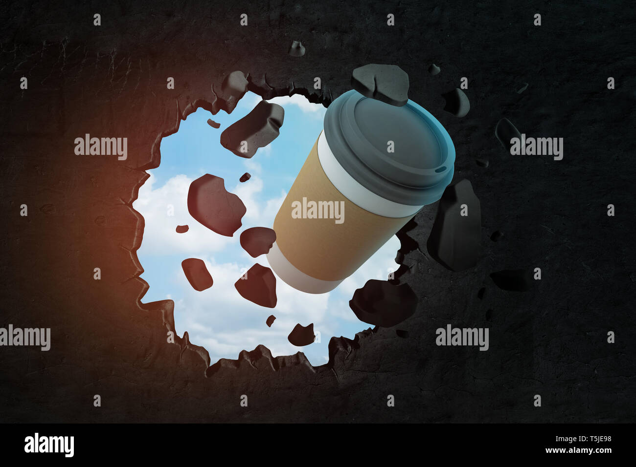 3d close-up rendering of paper coffee cup breaking hole in black wall ...