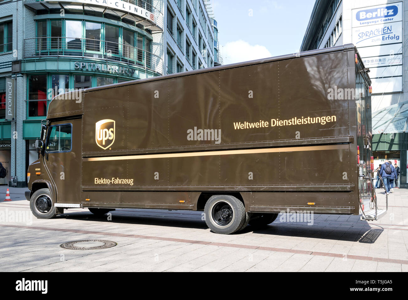 Electric powered UPS delivery van. UPS is the world's largest package delivery company and a provider of supply chain management solutions. Stock Photo