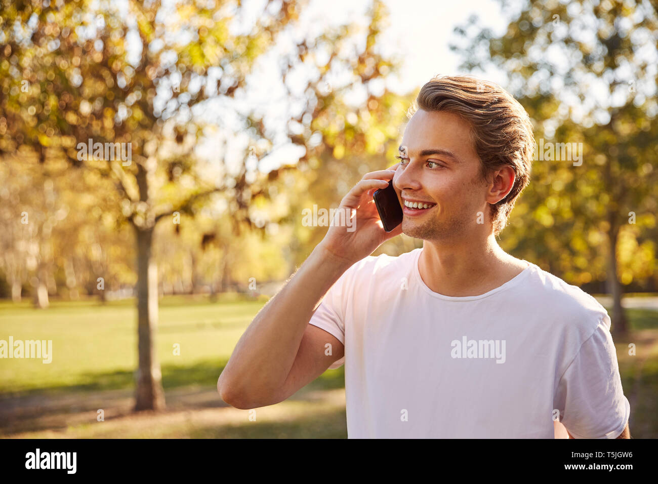 Young man on smartphone at a park Stock Photo