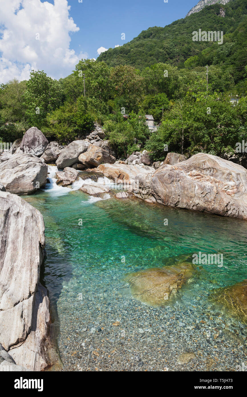 Switzerland, Ticino, Verzasca Valley, turquoise and clear Verzasca river Stock Photo