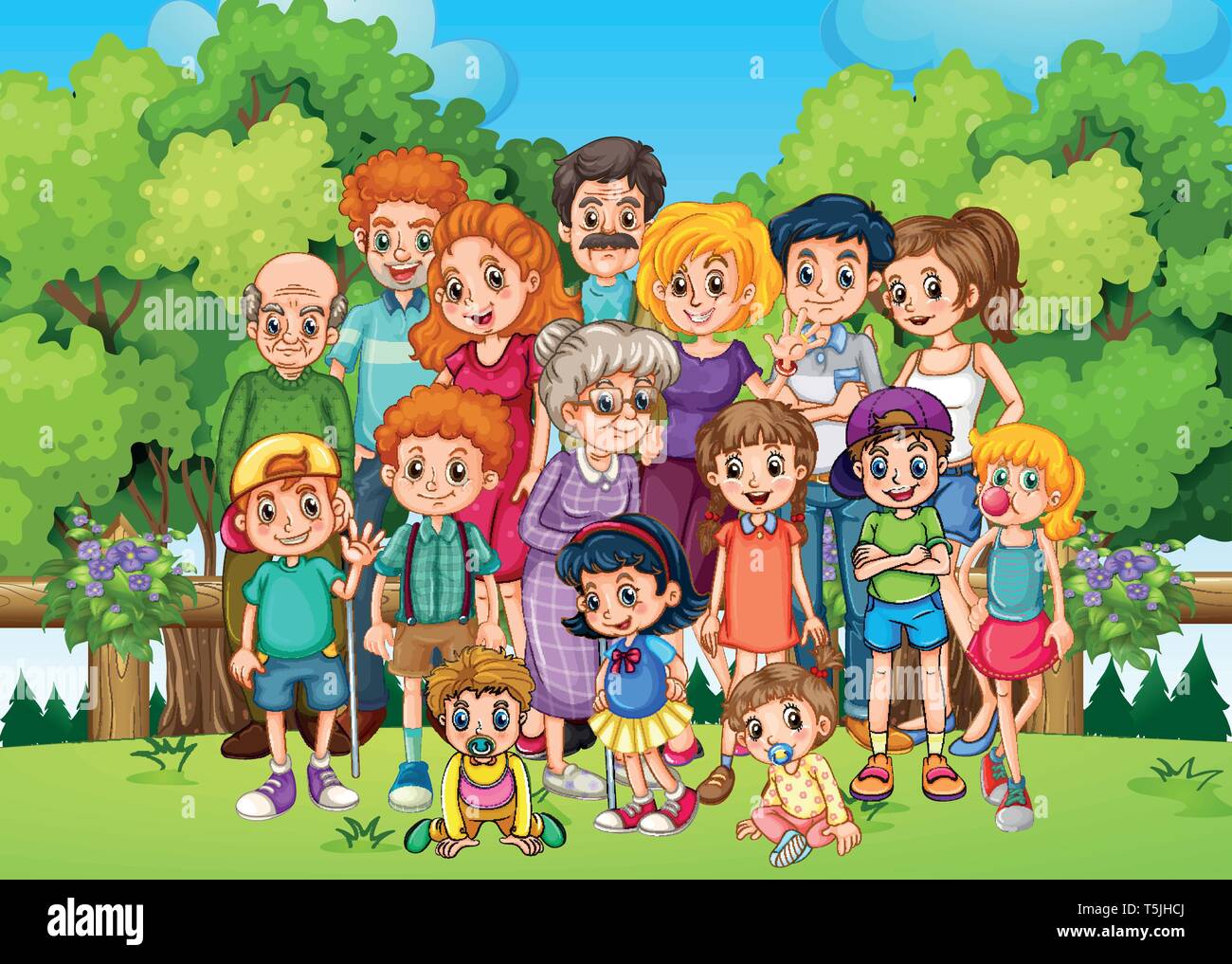 A Big Family At The Garden Illustration Stock Vector Image Art Alamy
