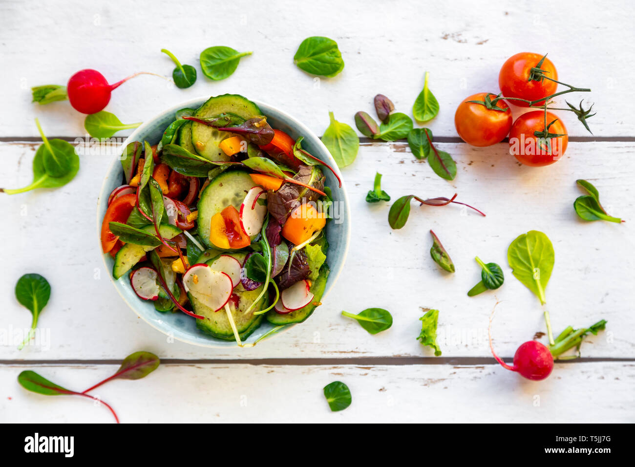 Salad with cucumber, tomato, red radish and bell pepper Stock Photo