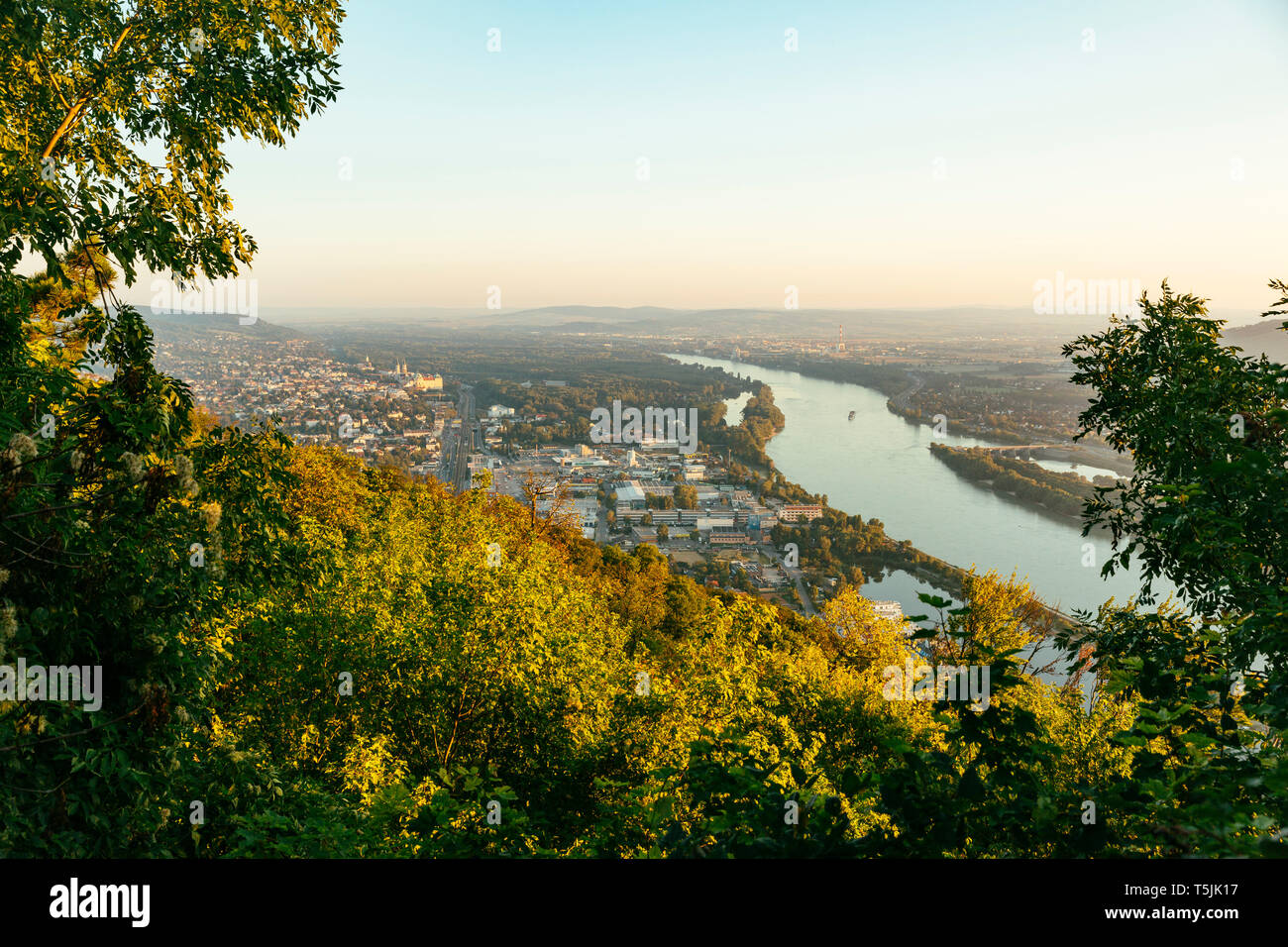 Austria, View to Klosterneuburg from Kahlenberg in the evening light Stock Photo