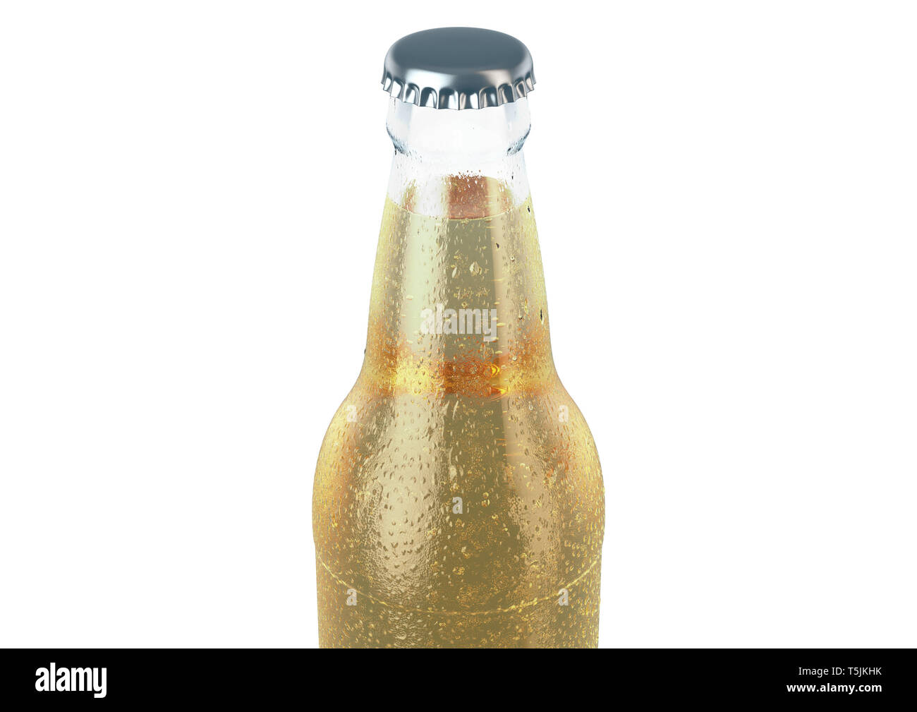 A clear glass beer bottle covered in water spritz and condensation droplets on an isolated white studio background - 3D render Stock Photo