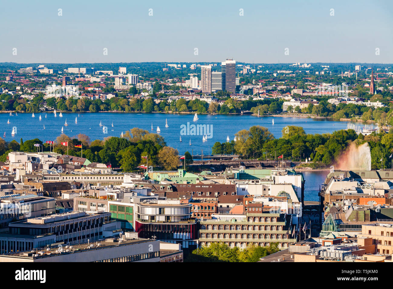 Germany, Hamburg, View of Neustadt with sailing boats on Binnenalster Stock Photo