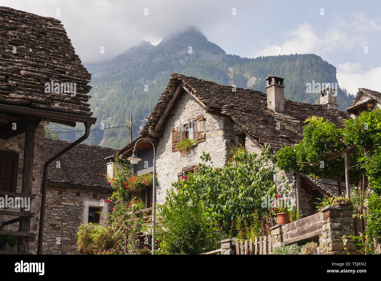 Switzerland, Ticino, Sonogno, typical historic stone houses Stock Photo