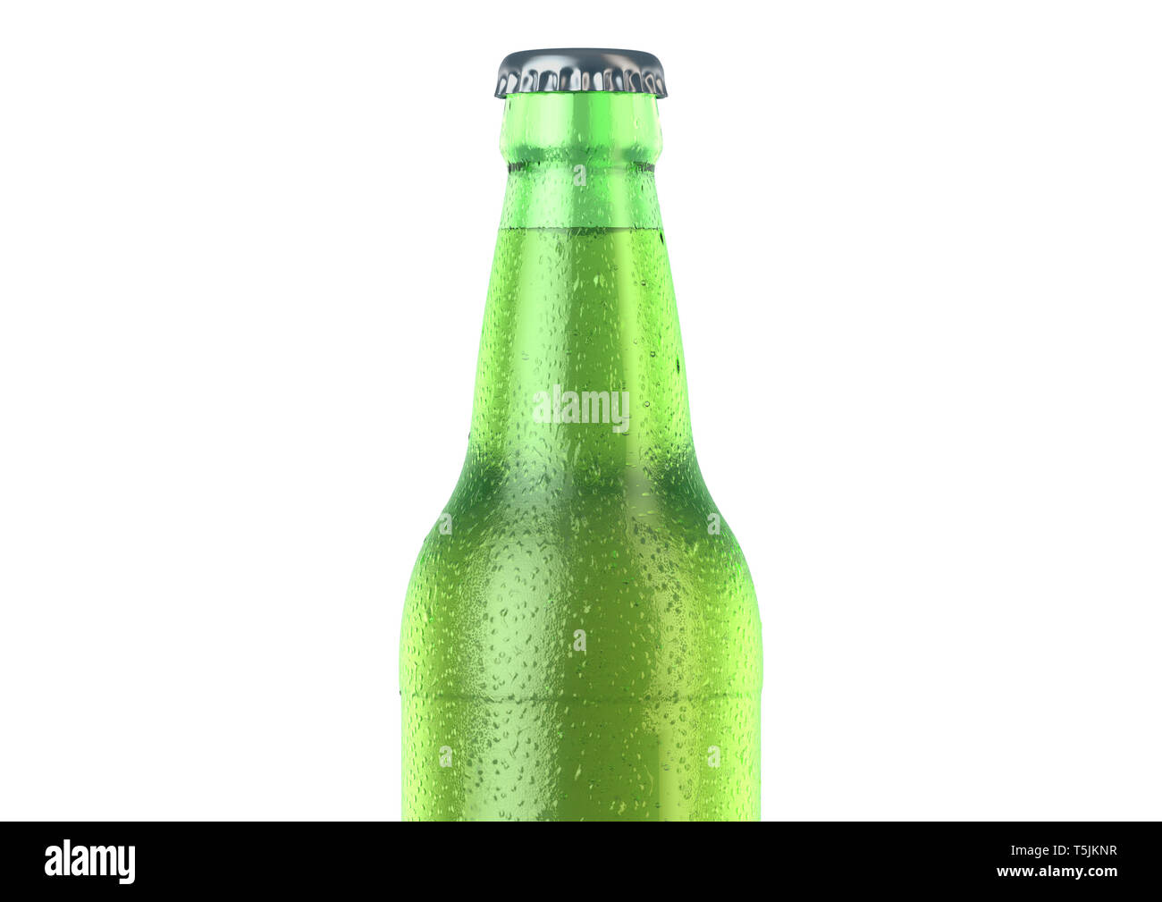 A green glass beer bottle covered in water spritz and condensation