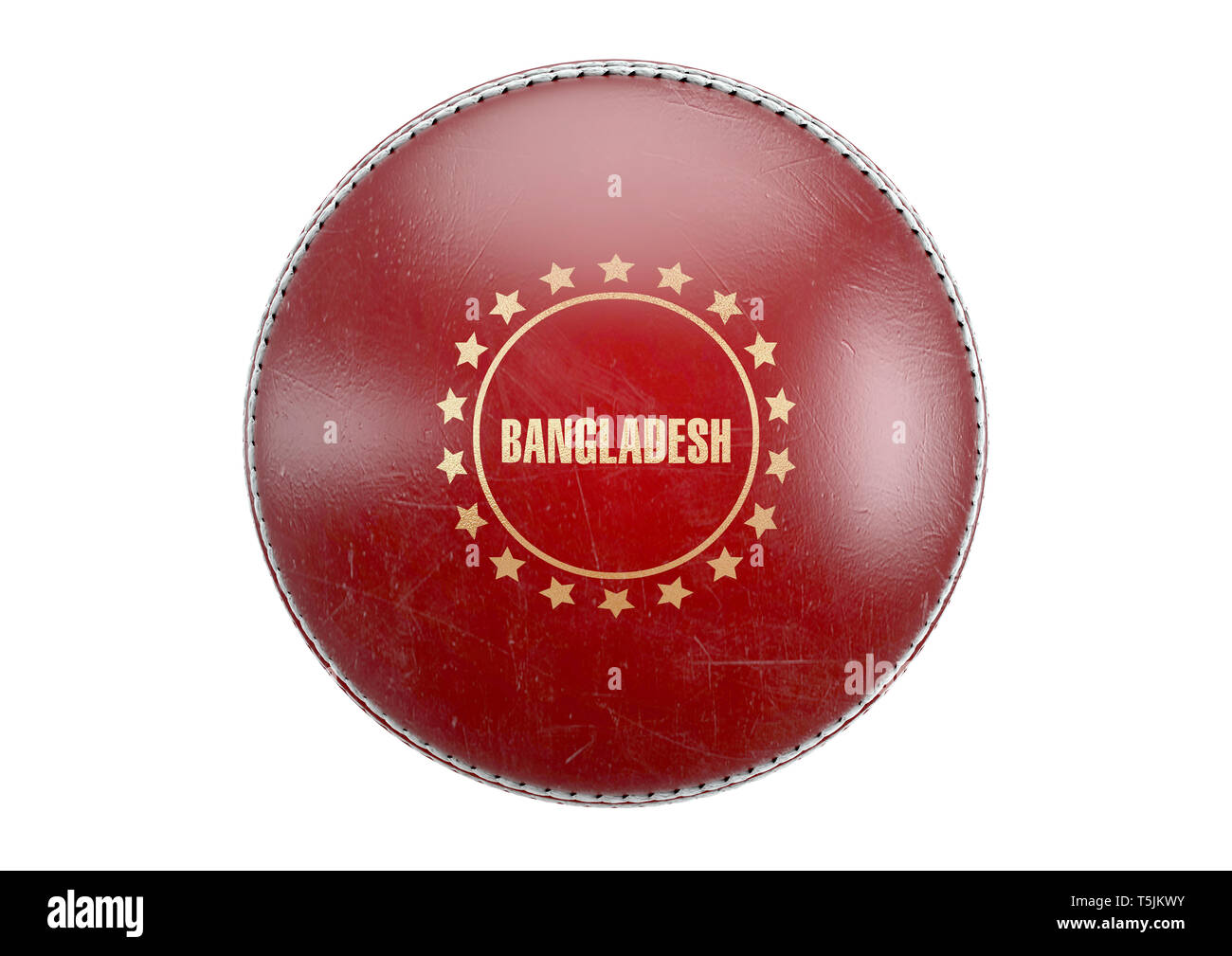 A side view of red cricket ball with a gold foil branding area and the country name of bangladesh on an isolated background - 3D render Stock Photo