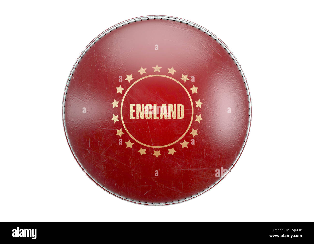 A side view of red cricket ball with a gold foil branding area and the country name of England on an isolated background - 3D render Stock Photo