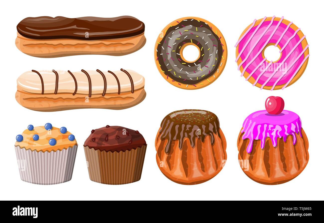 Sweet desserts set. Tasty food. Pastry or bakery. Eclair, donut, muffin. Chocolate cakes with cream custard and berry. Vector illustration in flat style Stock Vector