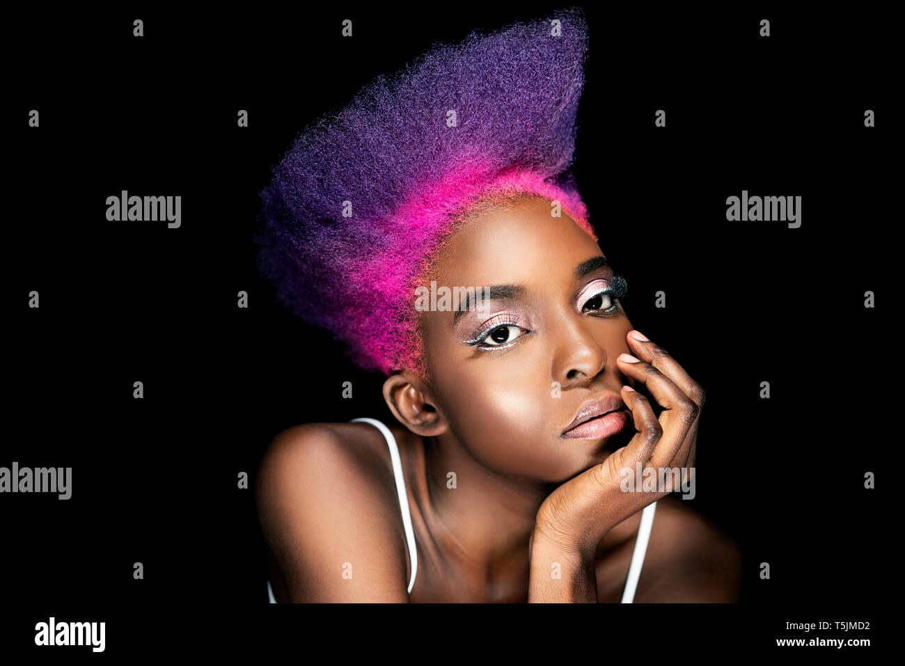Portrait Of Eccentric Young Woman With Pink And Purple Dyed Hair