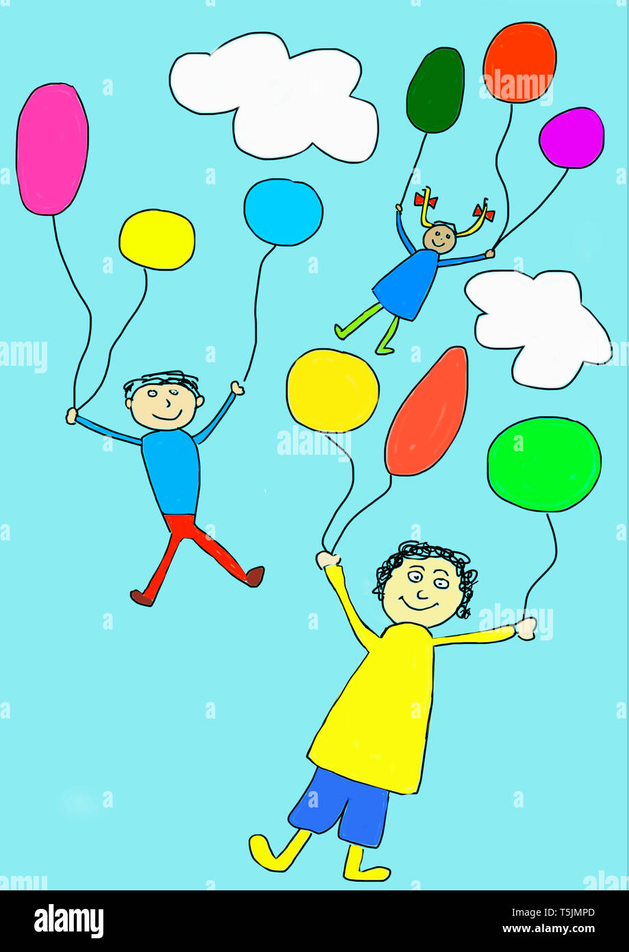 Children's drawing of three happy children flying away with balloons Stock Photo