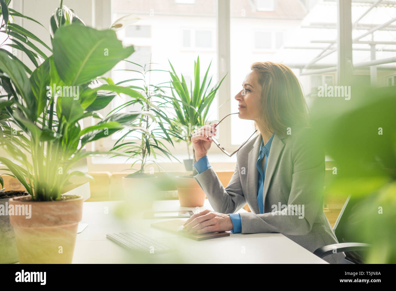 Mature businesswoman working in sustainable office, with plants on her desk Stock Photo